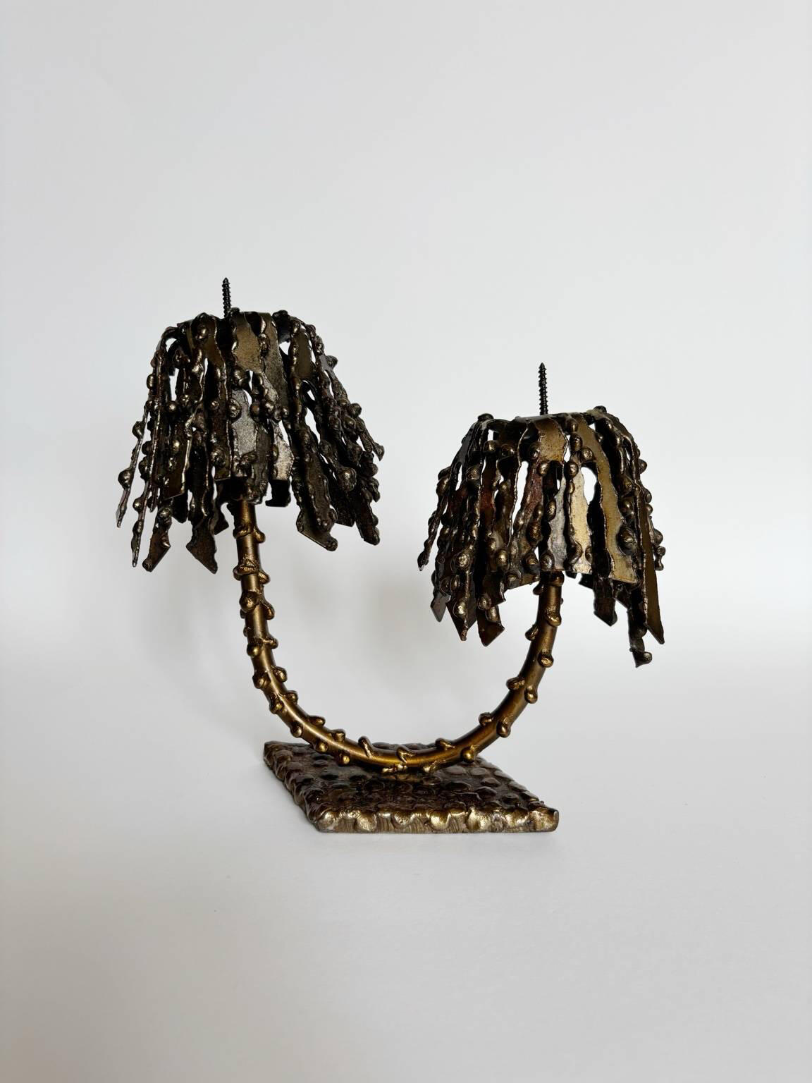 Mid Century Wrought Brutalist Candelabra Sculptural Design Heavy Metal Two Arms Candelabra
