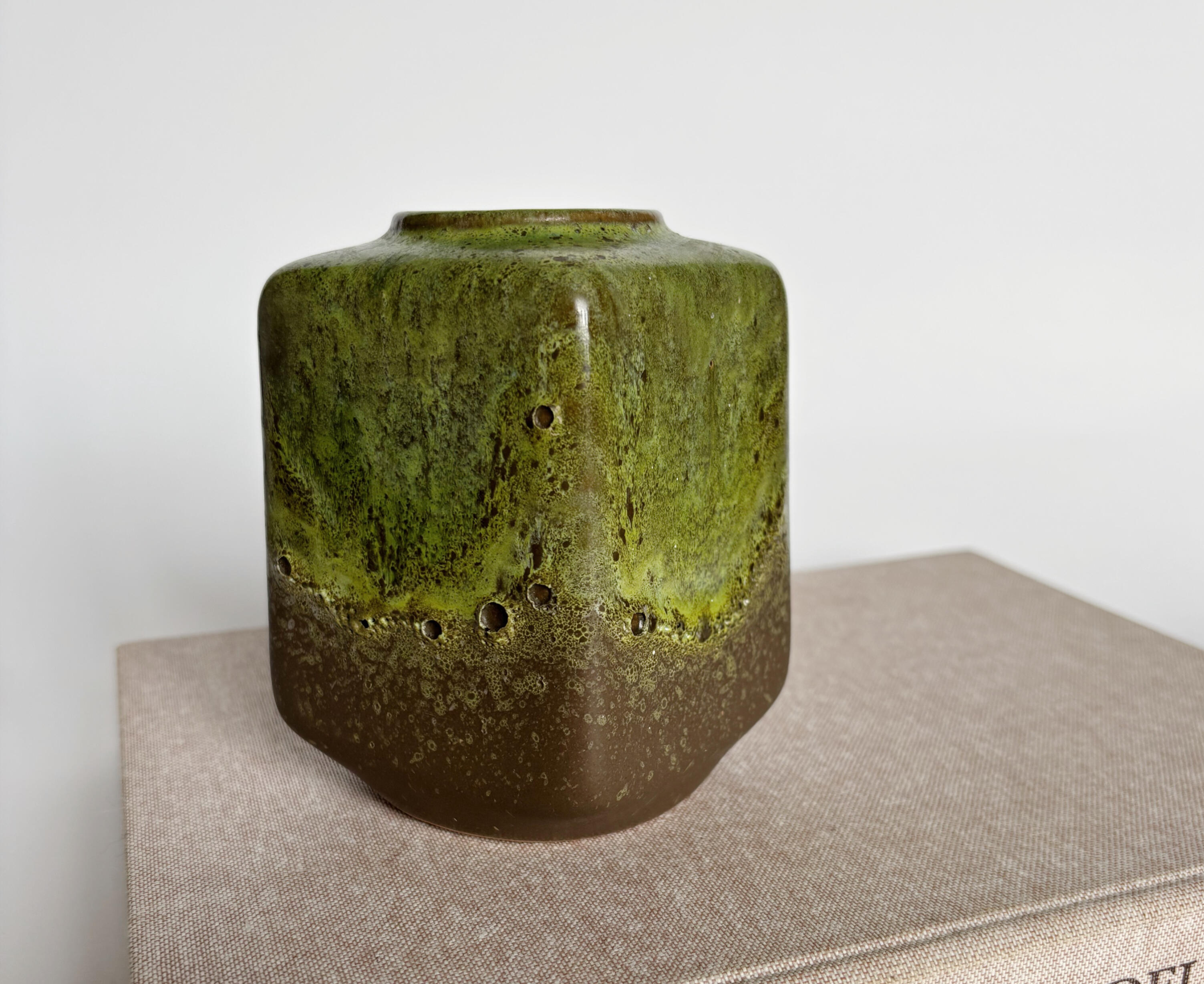 Mid Century Ceramic Green Fat Lava Vase square rounded shape, featuring a green textured glaze that fades into a brown base
